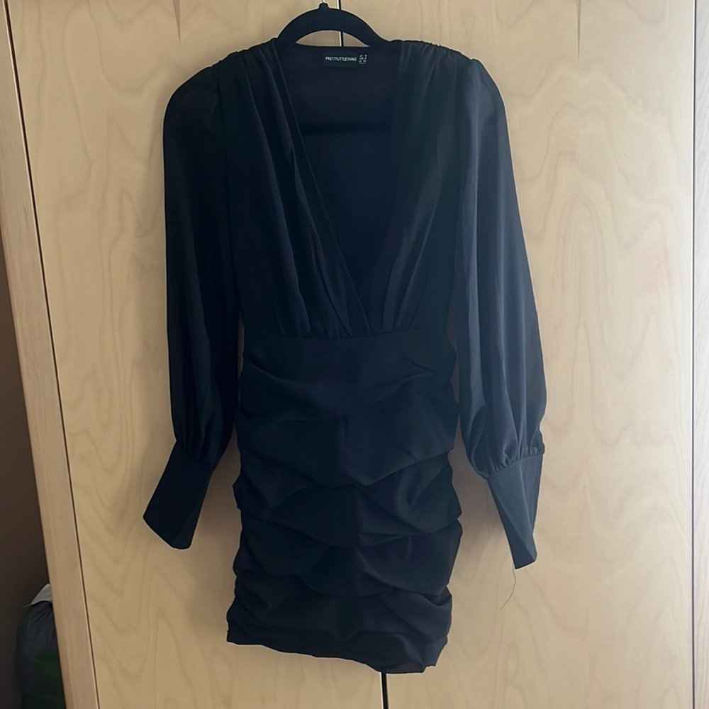 Pretty Little Thing black, long sleeve, short dress.